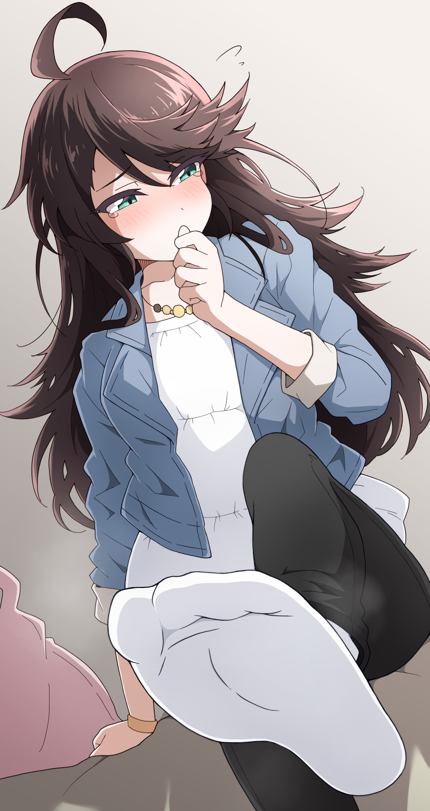 1girl absurdres ahoge black_pants blue_jacket blush brown_hair denim denim_jacket from_below green_eyes highres jacket jewelry leg_up long_hair looking_to_the_side necklace nel-c original paid_reward_available pants shirt socks solo white_shirt white_socks
