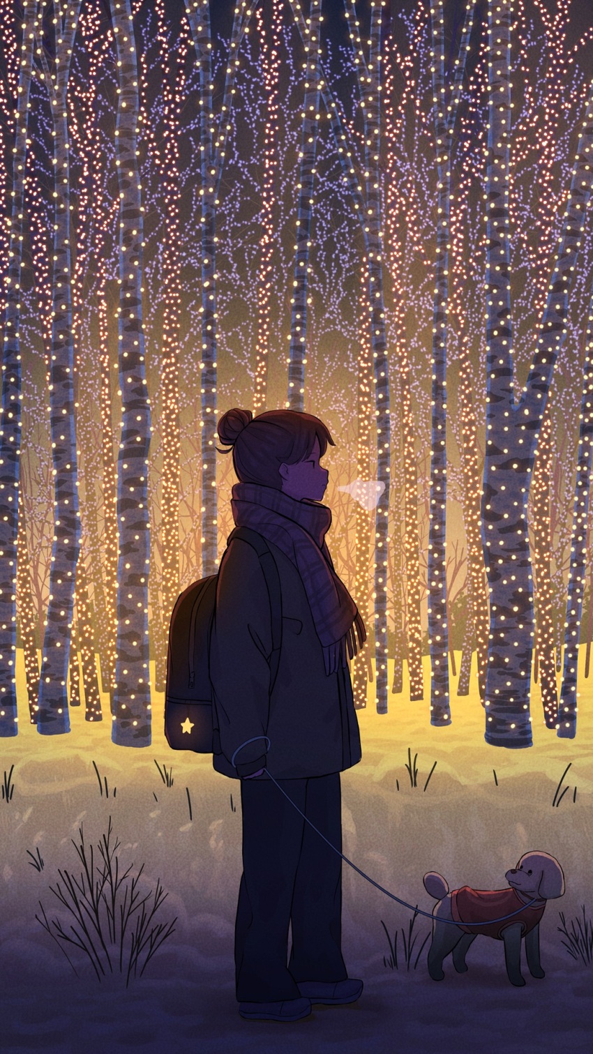 1girl backpack bag birch_tree black_hair black_pants brown_coat brown_footwear christmas_lights coat commentary_request dog forest highres long_sleeves nature night original outdoors pants pasoputi pet_walking scarf scenery sky snow solo standing star_(symbol) tree winter