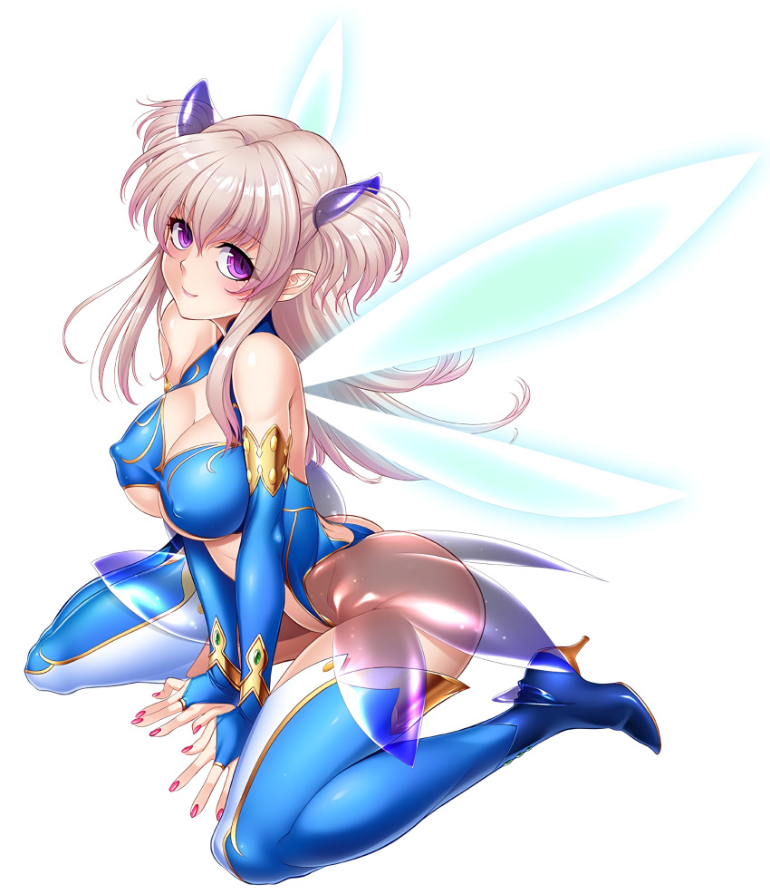 1girl absurdres ass bare_shoulders blue_leotard blue_thighhighs blush boots breasts bridal_gauntlets cleavage covered_erect_nipples fairy fairy_wings female_focus full_body gloves hair_between_eyes hair_ornament halterneck high_heel_boots high_heels highleg highleg_leotard highres large_breasts leotard lilith-soft long_hair looking_at_viewer multicolored_legwear nail_polish nipples official_art pink_hair pink_nails pointy_ears purple_eyes revealing_clothes see-through_clothes shiny_clothes shiny_skin simple_background sitting smile solo taimanin_(series) taimanin_asagi taimanin_asagi_kessen_arena taimanin_rpgx taimanin_suit taut_clothes thigh_boots thighhighs thighs thong_leotard till_(taimanin_asagi) tyr_(taimanin_asagi) underboob white_background wings zol