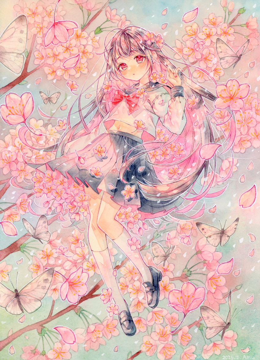 1girl absurdres amu_(m_aa) animal artist_name black_shoes blue_sailor_collar blue_skirt bow bowtie branch brown_hair bug butterfly cherry_blossoms dated flower full_body hair_flower hair_ornament hand_up highres insect kneehighs loafers long_hair long_sleeves midriff multicolored_hair nail_polish navel original painting_(medium) pink_hair pleated_skirt puffy_long_sleeves puffy_sleeves red_bow red_bowtie red_nails sailor_collar school_uniform serafuku shirt shoes signature skirt socks solo traditional_media watercolor_(medium) white_butterfly white_shirt white_socks