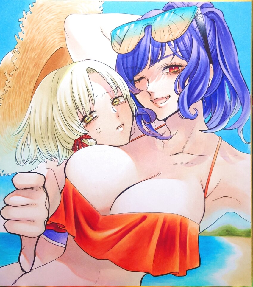 2girls ;d absurdres alternate_costume alternate_hairstyle anger_vein angry arm_behind_head arm_up armpits bags_under_eyes bare_shoulders beach bikini blue-tinted_eyewear blue_bikini blue_hair blue_sky bow breast_pillow breast_rest breasts breasts_on_head brown_headwear clear_sky cleavage commentary_request dutch_angle eyes_visible_through_hair eyewear_on_head fang fang_out foreshortening frilled_bikini frills frog_girl furrowed_brow glasses hair_bow hair_ribbon hair_up halterneck hand_on_own_head hat head_on_chest high_ponytail highres horizontal_pupils large_breasts lineart looking_at_viewer marker marker_(medium) medium_hair moriya_suwako multiple_girls narrow_waist navel one_eye_closed open_mouth orange-tinted_eyewear outdoors outstretched_arm parted_bangs parted_lips photo_(medium) ponytail red_bikini red_bow red_eyes red_ribbon ribbon sand shikishi short_hair sideboob sidelocks simple_background sketch skin_fang sky slit_pupils smile straw_hat string_bikini sunglasses swimsuit thumbs_down tinted_eyewear tongue touhou traditional_media tress_ribbon upper_body v-shaped_eyebrows veins water wavy_mouth white_hair whoru yasaka_kanako yellow_eyes