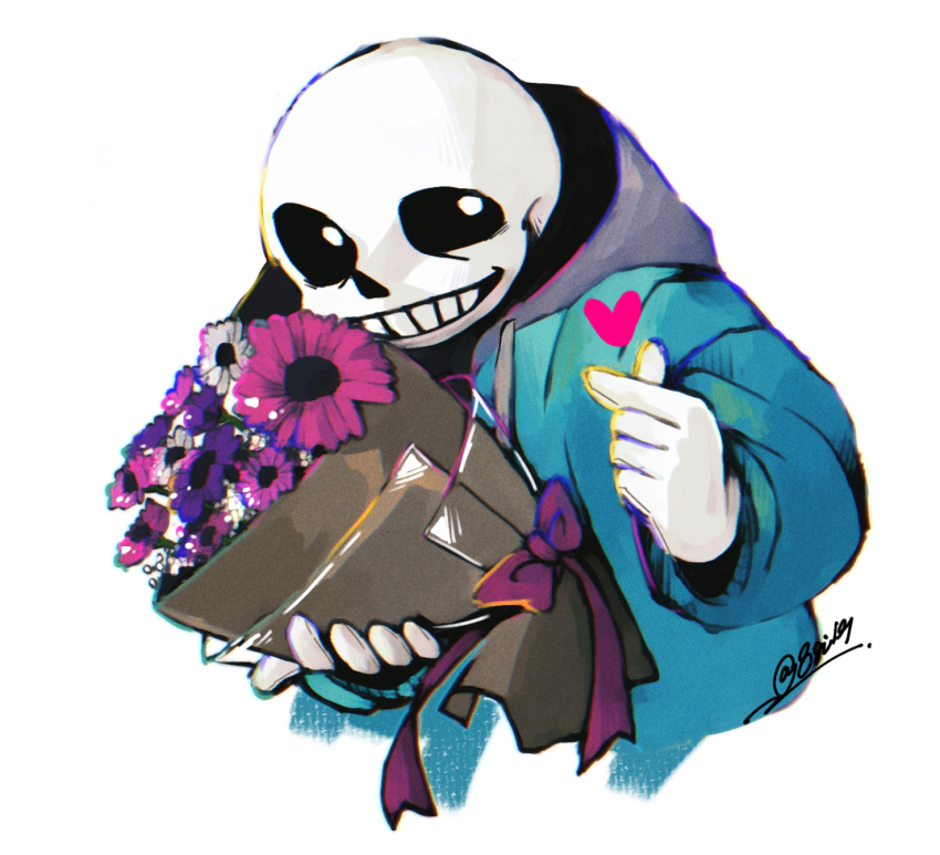 1boy blue_jacket bouquet flower grin highres holding holding_bouquet jacket male_focus open_clothes open_jacket sakekuzu_no_ame sans_(undertale) skeleton smile solo teeth twitter_username undertale upper_body white_background