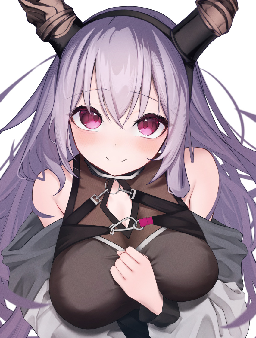 1girl absurdres arknights bare_shoulders black_horns blush breasts brown_dress brown_horns closed_mouth clothing_cutout dress eyes_visible_through_hair from_above hand_on_own_chest hand_up highres horns large_breasts long_hair long_sleeves looking_at_viewer off_shoulder paid_reward_available pink_eyes purple_hair simple_background sleeveless sleeveless_dress smile solo split_mouth strap typhon_(arknights) upper_body white_background worimehl