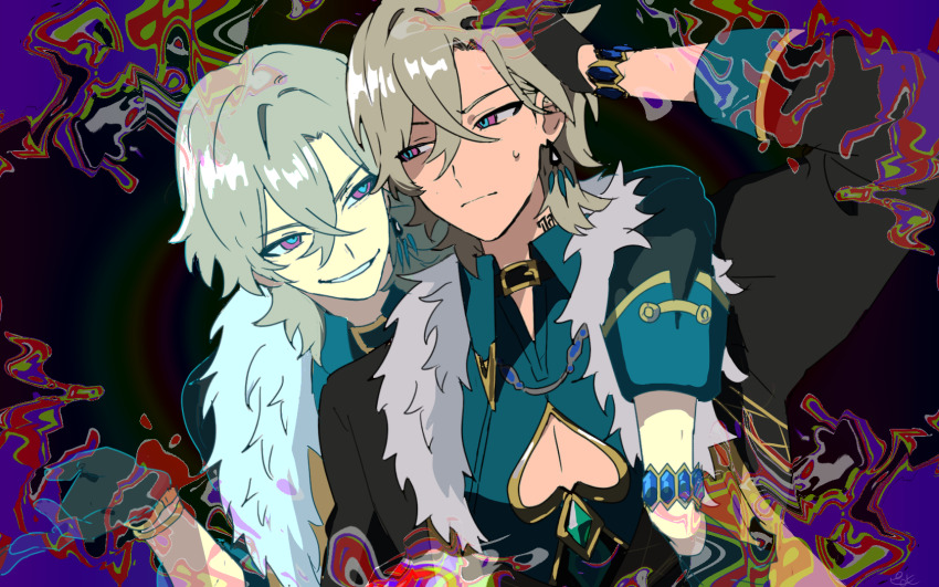 2boys arm_around_shoulder aventurine_(honkai:_star_rail) black_background black_coat black_gloves blonde_hair blue_eyes bracelet cleavage_cutout clone clothing_cutout coat commentary_request crossed_bangs frown fur-trimmed_coat fur_trim gloves green_shirt grin hand_on_own_head highres honkai:_star_rail honkai_(series) jewelry looking_at_another magic male_focus multicolored_eyes multiple_boys pectoral_cleavage pectorals pink_eyes pirohi_(pirohi214) shirt simple_background smile two-tone_eyes