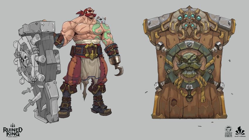 1boy belt boots braum_(league_of_legends) brown_belt brown_hair collarbone copyright_name eyepatch facial_hair full_body grey_background hicham_habchi highres holding holding_shield hook_hand horns knee_boots league_of_legends male_focus muscular muscular_male mustache pectorals pirate ponytail poro_(league_of_legends) ruined_king:_a_league_of_legends_story shield standing tattoo tentacles tongue tongue_out topless_male