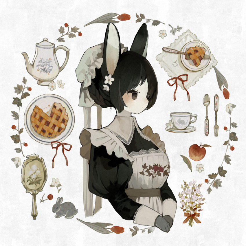 1girl animal animal_ears animal_hands apple apron black_dress black_eyes black_hair border braid breasts cake_slicer closed_mouth commentary_request cropped_torso cup dot_nose dress floral_print flower food fork frilled_apron frills fruit hair_flower hair_ornament hand_mirror hat highres juliet_sleeves large_breasts long_sleeves looking_to_the_side mirror mob_cap no_sclera original own_hands_together pie pie_slice print_apron puffy_sleeves rabbit rabbit_ears rabbit_girl red_flower red_ribbon ribbon round_border sakutake_(ue3sayu) saucer solo spoon teacup tulip upper_body white_apron white_flower