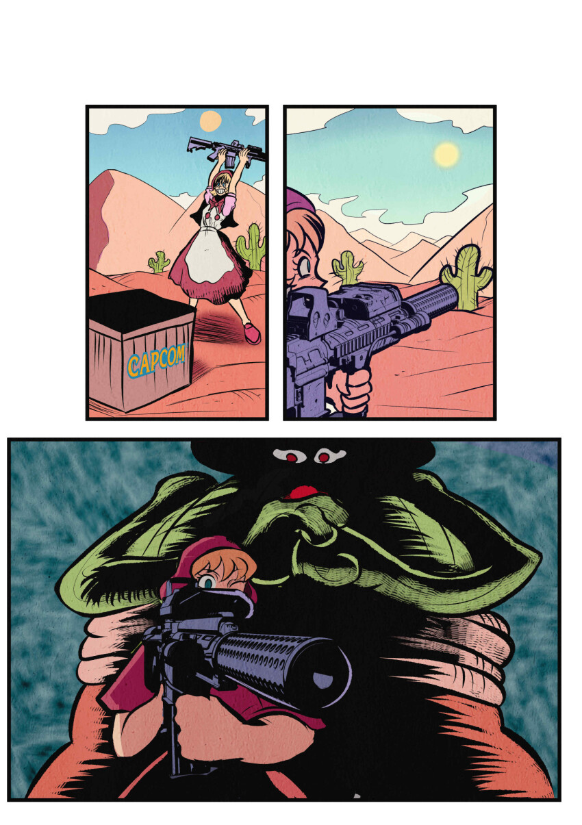 aiming amingo b.b._hood blonde_hair blue_eyes blue_sky box brown_pants cactus capcom chakkux cloak cracking_knuckles darkstalkers day desert dress evil_grin evil_smile grin gun marvel_vs._capcom marvel_vs._capcom_2 mountain mountainous_horizon pants red_cloak red_dress red_footwear shaded_face sky smile submachine_gun sun weapon