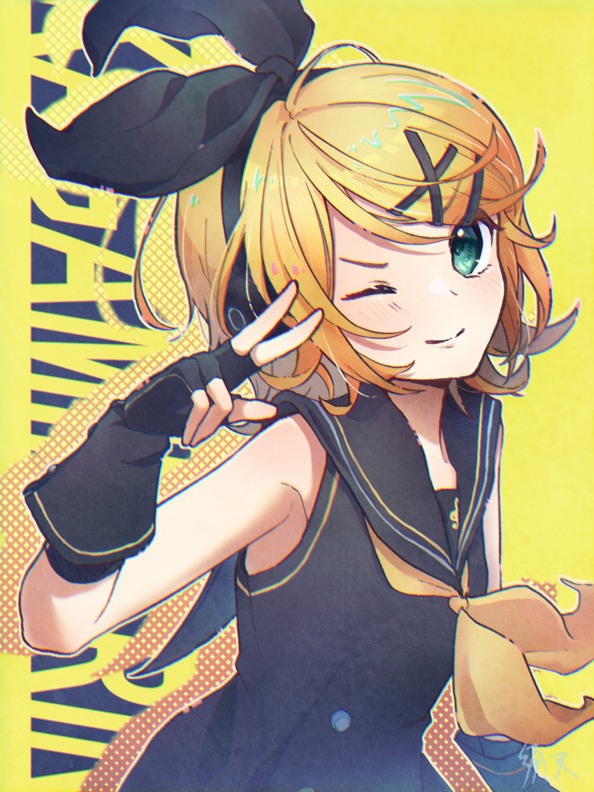 1girl black_bow black_dress black_gloves black_sailor_collar blonde_hair bow closed_mouth commentary_request dress drop_shadow fingerless_gloves gloves green_eyes hair_bow hair_ornament hand_up head_tilt headphones highres kagamine_rin light_blush looking_at_viewer medium_hair neckerchief sailor_collar sleeveless sleeveless_dress smile solo sour_model_(mikumikudance) suama_(haruichi) swept_bangs upper_body v-shaped_eyebrows vocaloid w x_hair_ornament yellow_background yellow_neckerchief