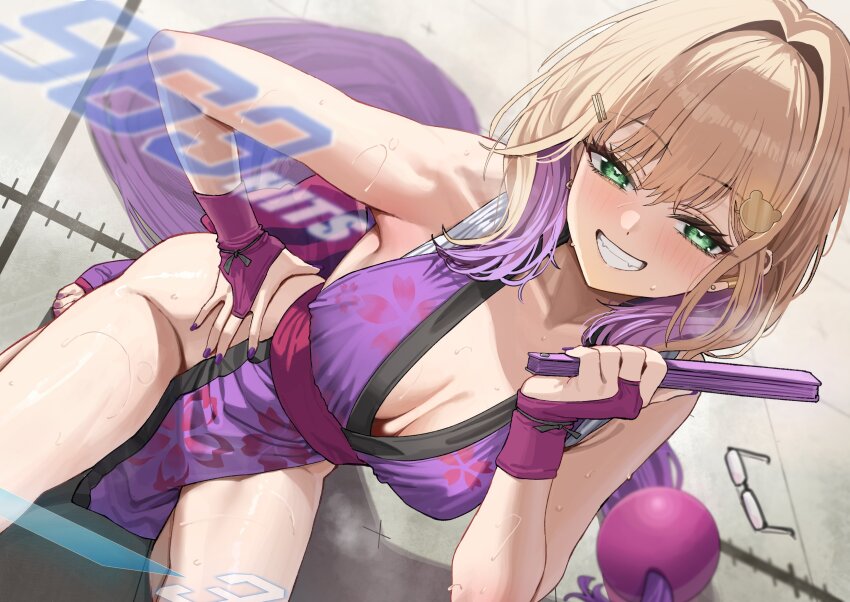 absurdres bent_over blonde_hair breasts breath character_request copyright_request cosplay cowboy_shot dress green_eyes hand_fan highres holding holding_fan medium_breasts multicolored_hair ninja parted_lips purple_dress purple_hair ramanda shiranui_mai shiranui_mai_(cosplay) smile snk_heroines:_tag_team_frenzy the_king_of_fighters two-tone_hair