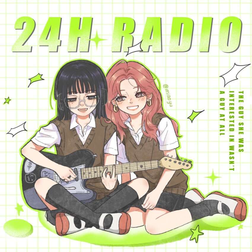 2girls :d artist_name black_eyes black_hair black_skirt black_socks brown_sweater_vest choppy_bangs collared_shirt copyright_name dress_shirt electric_guitar full_body glasses grey-framed_eyewear grid_background grin guitar headphones highres indian_style instrument jewelry kininatteru_hito_ga_otoko_ja_nakatta koga_mitsuki miaoyu mole mole_under_eye multiple_girls multiple_rings music oosawa_aya open_mouth parted_bangs playing_guitar playing_instrument red_hair ring school_uniform shirt shoes sitting skirt smile socks star_(symbol) summer_uniform sweater_vest uwabaki white_shirt white_shoes yokozuwari