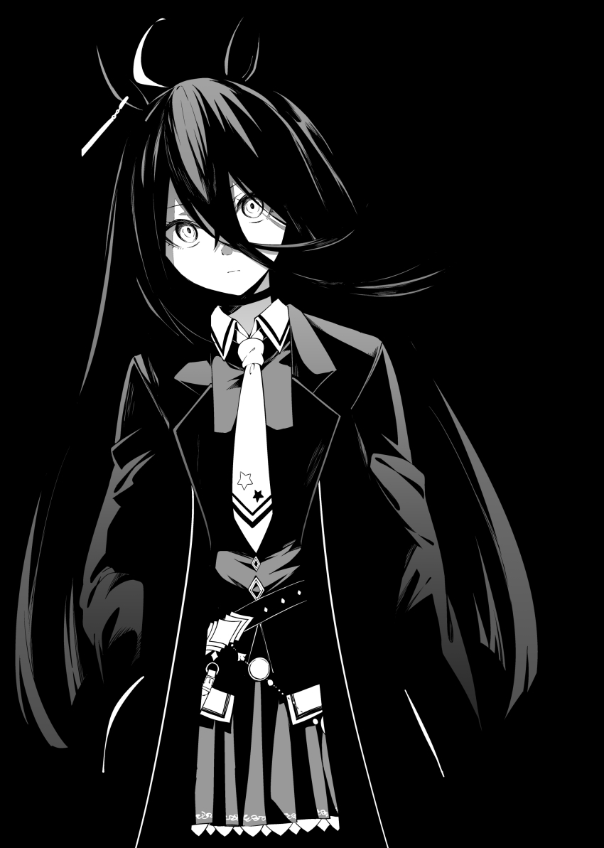 1girl absurdres ahoge animal_ears black_background greyscale hands_in_pockets highres horse_ears long_coat long_hair manhattan_cafe_(umamusume) monochrome necktie skirt solo tsukamoto_minori umamusume