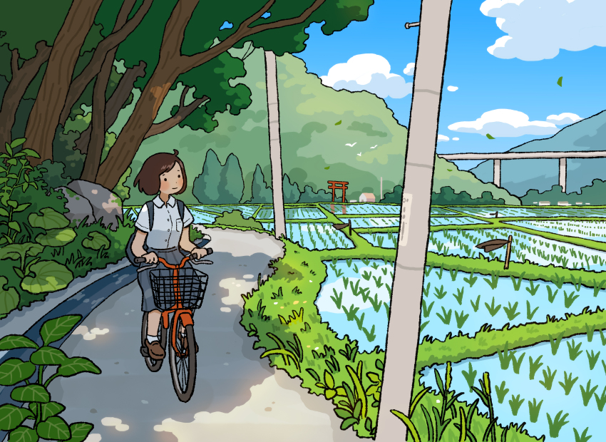 1girl absurdres bag bicycle bicycle_basket blue_skirt blue_sky brown_footwear collared_shirt day grass highres hill leaf marunoki mountainous_horizon nature original outdoors path pleated_skirt rice_paddy riding riding_bicycle road rural scenery shade shirt short_hair short_sleeves skirt sky socks torii tree utility_pole white_shirt