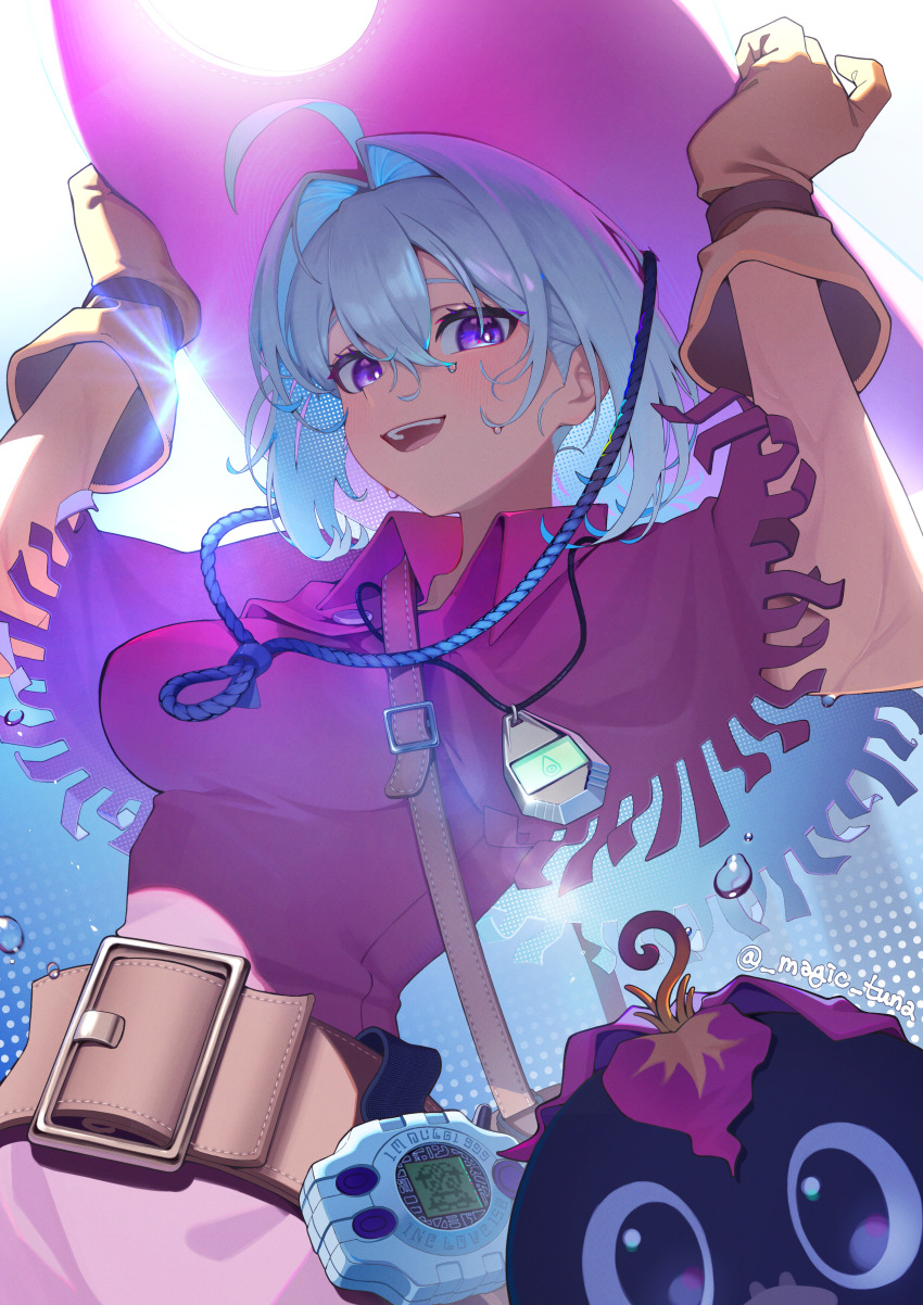 1girl absurdres ahoge amulet belt bloom blue_hair breasts brown_bag brown_belt capelet collared_dress colored_inner_hair cosplay digimon digimon_adventure digivice dress fringe-trimmed_capelet grey_hair hair_between_eyes hair_intakes hands_on_headwear hat highres ine_(vtuber) looking_at_viewer magictuna medium_breasts medium_hair multicolored_hair open_mouth oversized_belt palmon pink_capelet pink_dress pink_hat purple_eyes smile sweat tachikawa_mimi tachikawa_mimi_(cosplay) twitter_username virtual_youtuber waktaverse