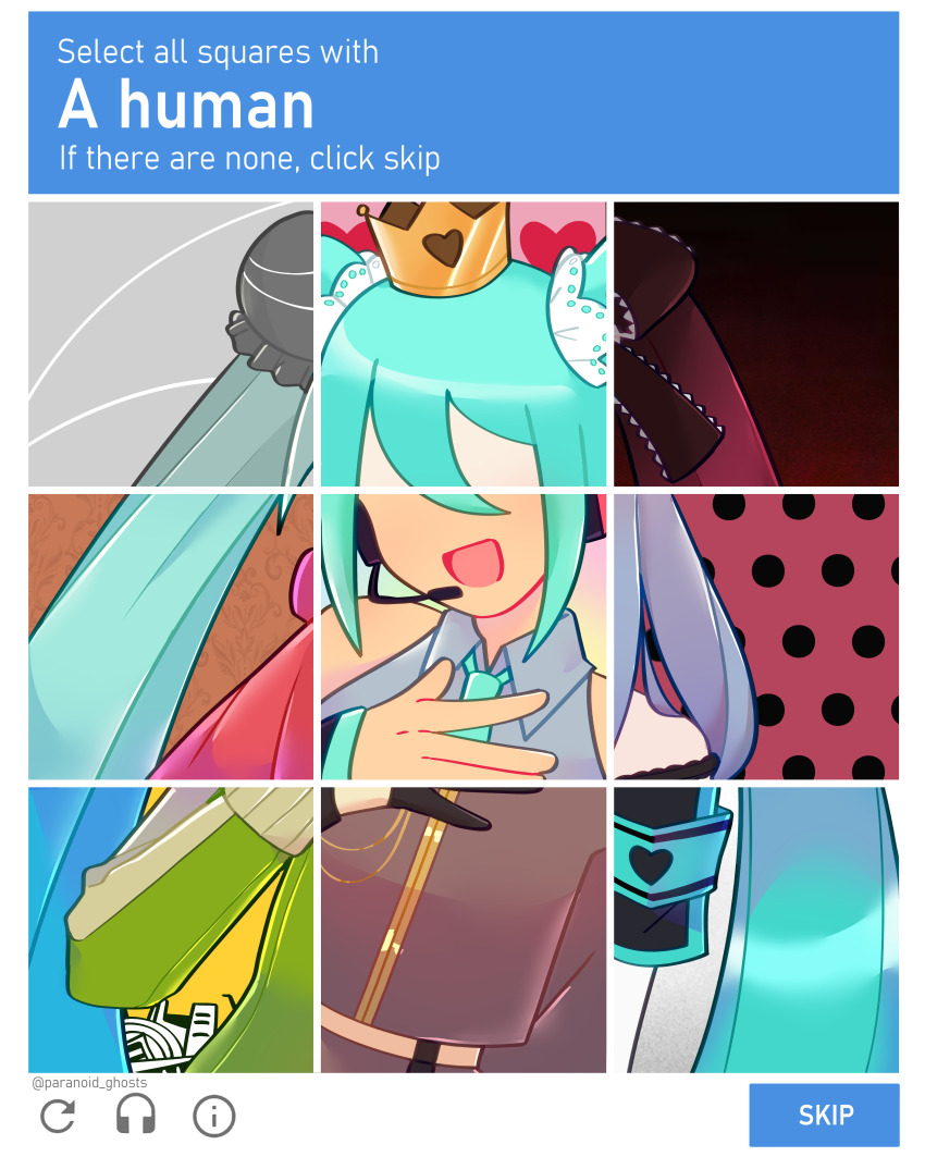 1girl absurdres annotated aqua_hair armband artist_name captcha commentary conflict_(module) crown english_commentary green_jacket hair_ornament hand_on_own_chest hatsune_miku headset heart heart_print highres jacket koi_wa_sensou_(vocaloid) long_hair matryoshka_(vocaloid) mosaic_art no_eyes open_mouth paranoid_ghosts project_diva_(series) red_jacket romeo_to_cinderella_(vocaloid) senbonzakura_(vocaloid) smile solo song_request songover suna_no_wakusei_(vocaloid) twintails upper_body very_long_hair vocaloid world&#039;s_end_dancehall_(vocaloid) world_is_mine_(vocaloid)