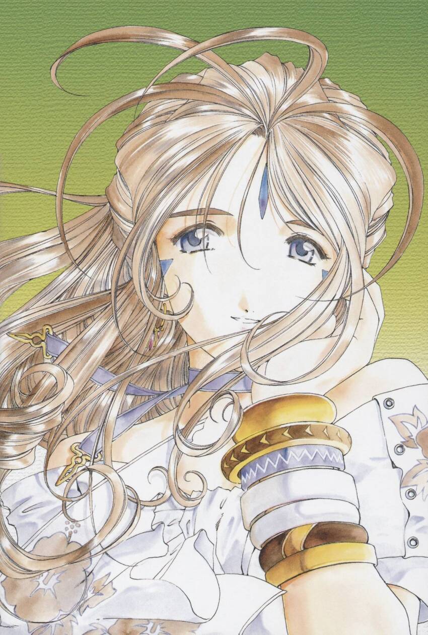 1girl aa_megami-sama ahoge belldandy blue_eyes bracelet brown_hair diamond_facial_mark facial_mark fujishima_kousuke green_background hair_flowing_over hand_on_own_face highres jewelry long_hair looking_at_viewer official_art retro_artstyle simple_background smile solo