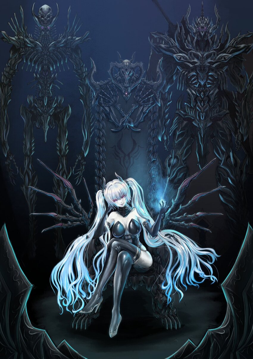 1girl 2others armor blue_hair bondage_outfit boots colored_skin commentary_request crossed_legs demon demon_girl elbow_gloves garter_straps gloves gradient_hair high_heel_boots high_heels highres horns long_hair looking_at_viewer multicolored_hair multiple_others neck_corset original oversized_wings purple_eyes sitting skull smirk thigh_boots throne twintails two-tone_hair uehame very_long_hair white_hair white_skin wings