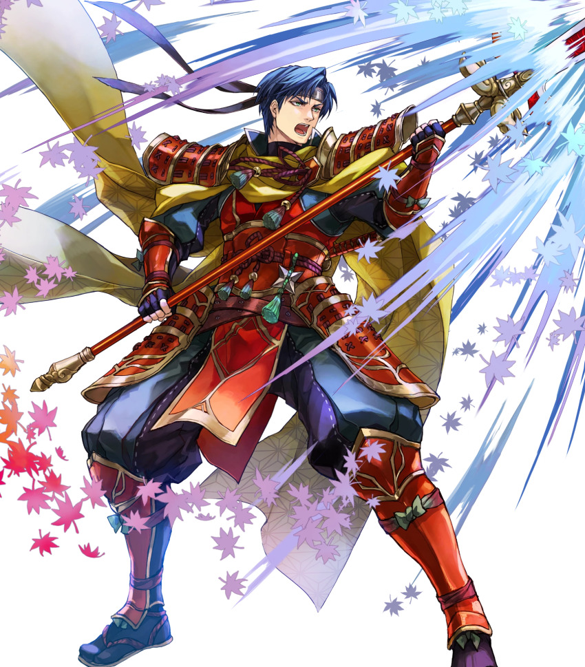 1boy armor attack black_gloves black_hair cape fingerless_gloves fire_emblem fire_emblem:_radiant_dawn fire_emblem_heroes gloves headband highres holding holding_polearm holding_weapon japanese_armor japanese_clothes leaf nintendo non-web_source official_alternate_costume official_art open_mouth pelvic_curtain polearm short_hair shoulder_armor solo teeth v-shaped_eyebrows weapon yellow_cape zelgius_(fire_emblem) zelgius_(ninja)_(fire_emblem)