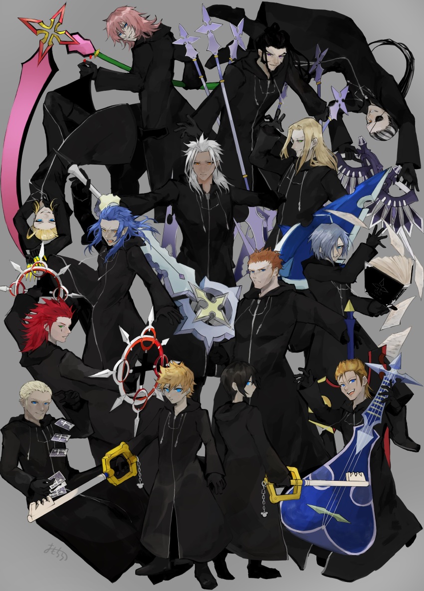 2girls 6+boys absurdres antenna_hair axel_(kingdom_hearts) black_coat_(kingdom_hearts) black_hair blonde_hair blue_eyes blue_hair brown_hair card chakram claymore_(sword) coat dagger dark_skin demyx eyepatch greatsword grey_background highres instrument jtgbaaa keyblade kingdom_hearts kingdom_hearts_358/2_days knife larxene lexaeus looking_at_viewer luxord marluxia multicolored_hair multiple_boys multiple_girls organization_xiii playing_card polearm ponytail purple_eyes red_hair roxas saix scar scythe shield silver_hair simple_background sitar spear spiked_hair sword two-tone_hair upside-down vexen weapon xaldin xemnas xigbar xion_(kingdom_hearts) yellow_eyes zexion