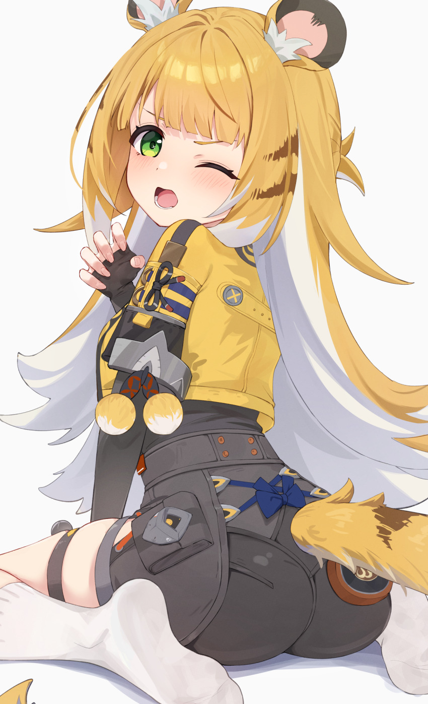 1girl animal_ears bitseon black_shorts blonde_hair colored_inner_hair from_behind gloves green_eyes grey_background half_gloves highres jacket ju_fufu loli long_hair looking_at_viewer looking_back lower_teeth_only multicolored_hair one_eye_closed shorts simple_background socks solo tail teeth thigh_strap tiger_ears tiger_girl tiger_tail two-tone_hair white_hair white_socks yellow_jacket zenless_zone_zero