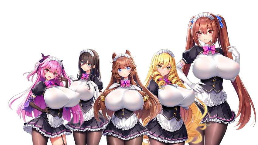 akagi_rio anastasia_mysterante apron breasts drill_hair eibel_haurisia highres huge_breasts lixual_hellmare long_hair maid maid_apron maid_headdress makina_le_blanchette milk_factory motto!_haramase!_honoo_no_oppai_isekai_oppai_maid_gakuen! myoudou_mei pantyhose transparent_background twintails