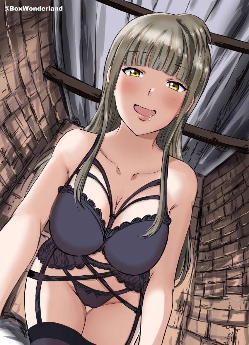 1girl absurdres bare_shoulders black_bra black_garter_belt black_panties blunt_bangs blush box_wonderland bra breasts brick brick_wall ceiling cleavage collarbone cowboy_shot drooling dutch_angle from_below garter_belt grey_hair highres indoors lace lace_bra lace_panties large_breasts lingerie long_hair long_sidelocks looking_at_viewer looking_down love_live! love_live!_school_idol_project mature_female minami_kotori&#039;s_mother mouth_drool navel open_mouth panties sidelocks smile solo thighhighs thighs twitter_username underwear underwear_only yellow_eyes