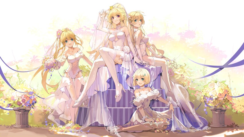4girls absurdres blue_eyes blue_flower bouquet breasts bridal_veil bride clothing_cutout dress duotianshi.nian elbow_gloves enterprise_(warship_girls_r) flower gloves hair_ornament high_heels highres holding holding_bouquet hornet_(warship_girls_r) leotard long_hair medium_breasts multiple_girls navel orange_flower ponytail purple_eyes purple_flower short_dress short_hair sitting smile standing stomach_cutout thighhighs veil very_long_hair warship_girls_r wedding_dress white_dress white_flower white_footwear white_gloves white_leotard white_thighhighs white_veil yellow_flower yorktown_(warship_girls_r)