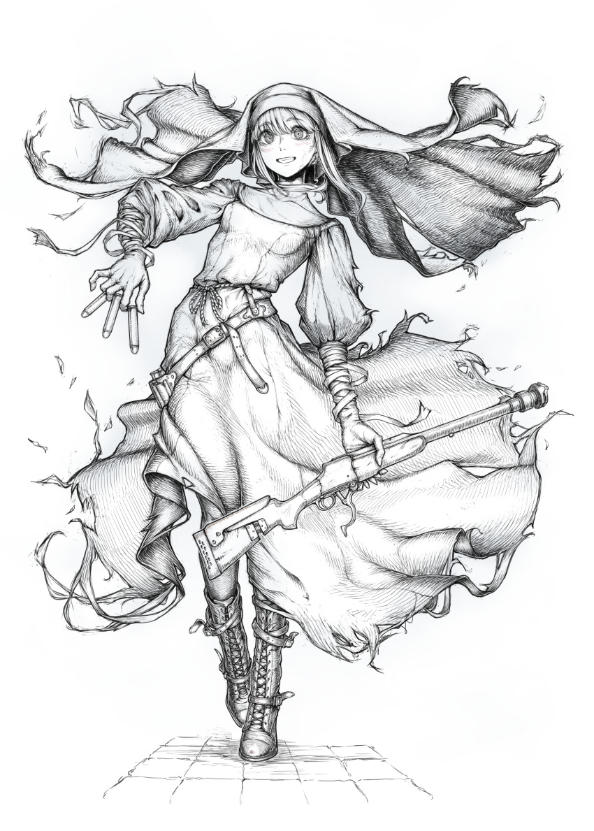 1girl absurdres ammunition bandages belt boots bullet commentary_request full_body grey_hair grin gun highres holding holding_bullet holding_gun holding_weapon mji_(emucchi) monochrome nun original rifle scar simple_background smile torn_clothes traditional_nun weapon