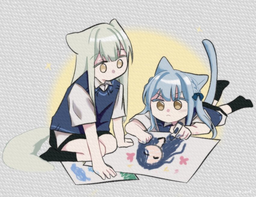 2girls :&lt; ^_^ aged_down animal_ears artist_name bang_dream! bang_dream!_it&#039;s_mygo!!!!! black_shorts black_socks blue_bow blue_hair blue_sweater_vest blue_tail bow cat_ears cat_girl cat_tail child child&#039;s_drawing closed_eyes closed_mouth collared_shirt crayon derivative_work dog_ears dog_girl dog_tail drawing_(action) drawing_(object) expressionless green_hair green_tail grey_background hair_bow hands_on_floor happy_aura holding holding_crayon kemonomimi_mode light_blush long_hair lying mother_and_daughter multiple_girls no_mouth no_shoes on_stomach paper papers seiza serious shirt short_sleeves shorts sitting socks straight_hair sweater_vest tail togawa_mizuho togawa_sakiko twitter_username untucked_shirt v-shaped_eyebrows wa_t_er1 wakaba_mutsumi white_shirt yellow_eyes