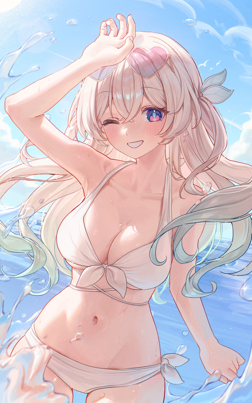 1girl absurdres alternate_costume arm_up armpits bikini blue_pupils blue_sky blush breasts chabi009 clenched_teeth cloud collarbone covering_head cowboy_shot day dutch_angle firefly_(honkai:_star_rail) front-tie_bikini_top front-tie_top hair_between_eyes heart heart-shaped_eyewear highres honkai:_star_rail honkai_(series) large_breasts light_brown_hair long_hair navel ocean one_eye_closed open_mouth purple_eyes side-tie_bikini_bottom sky solo splashing stomach swimsuit teeth water white_bikini