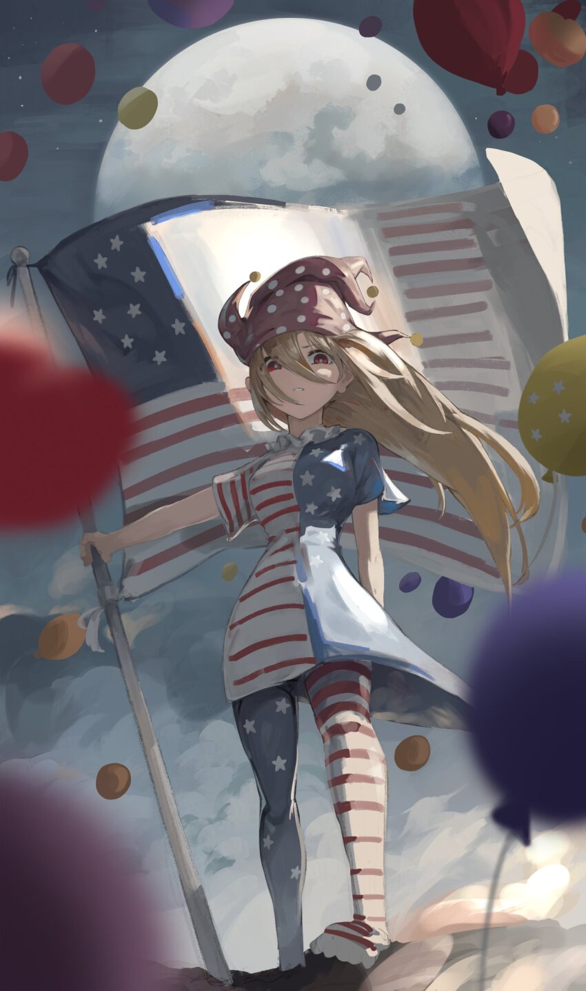 1girl absurdres american_flag american_flag_dress american_flag_legwear american_flag_print arm_at_side balloon blonde_hair blurry blurry_foreground breasts bright_pupils cloud clownpiece commentary flag flag_print flagpole floating_hair full_body full_moon hair_between_eyes hat highres holding holding_flag jester_cap long_hair long_hair_between_eyes looking_at_viewer moon night outdoors parted_lips purple_hat red_eyes sashimi_oniku short_sleeves solo standing star_(sky) touhou white_pupils