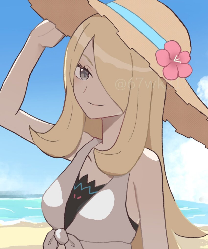 1girl 67wk317 beach blonde_hair blue_sky brown_hat closed_mouth cloud commentary cynthia_(pokemon) cynthia_(summer_2025)_(pokemon) flower grey_eyes hair_over_one_eye hat hat_flower highres looking_at_viewer nintendo ocean official_alternate_costume pokemon pokemon_masters_ex sky smile solo sun_hat twitter_username upper_body