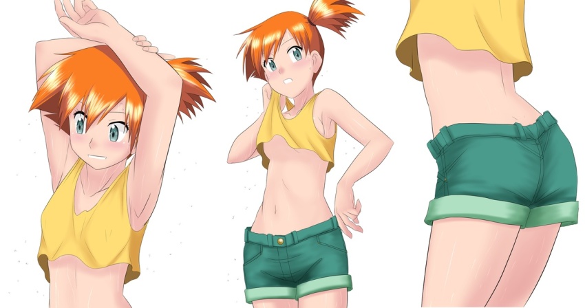 1girl armpits arms_up ass asymmetrical_hair blush breasts cowboy_shot denim denim_shorts gen_1_pokemon green_eyes green_shorts kakkii legs looking_at_another looking_at_viewer misty_(pokemon) multiple_views navel nintendo orange_hair pokemon pokemon_(anime) pokemon_(classic_anime) ponytail shirt short_shorts shorts side_ponytail smile sweat sweatdrop takaya_n tank_top thighs underboob upper_body yellow_shirt yellow_tank_top
