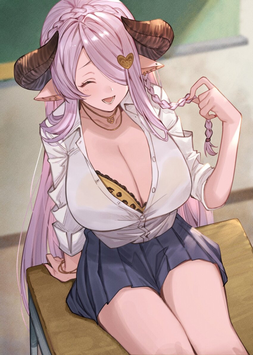 1girl :d animal_print ayacho black_skirt blush bra bracelet braid breasts chalkboard classroom cleavage closed_eyes desk draph ear_piercing granblue_fantasy hair_ornament hair_over_one_eye heart heart_hair_ornament highres horns huge_breasts indoors jewelry leopard_print long_hair narmaya_(granblue_fantasy) necklace open_mouth partially_unbuttoned piercing pink_hair pleated_skirt pointy_ears shirt sitting skirt sleeves_rolled_up smile solo underwear white_shirt