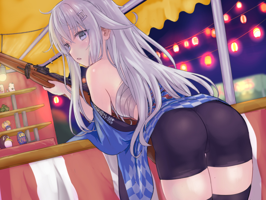 1girl :o alternate_costume ass bare_shoulders bent_over bike_shorts black_shorts black_socks black_thighhighs blue_eyes blue_jacket blush breasts character_doll chest_sarashi clothes_pull commentary_request doll em_s failure_penguin from_behind gambier_bay_(kancolle) grey_hair gun hair_ornament hairclip hibiki_(kancolle) highres holding_toy_gun jacket jacket_pull kantai_collection leaning_forward long_hair looking_at_viewer looking_back market_stall messy_hair midriff military_vehicle motor_vehicle open_clothes open_jacket open_mouth outdoors rifle sarashi shooting_gallery shooting_range short_shorts shorts small_breasts socks solo staring summer_festival tank thigh_gap thighhighs thighs toy_gun very_long_hair weapon white_hair