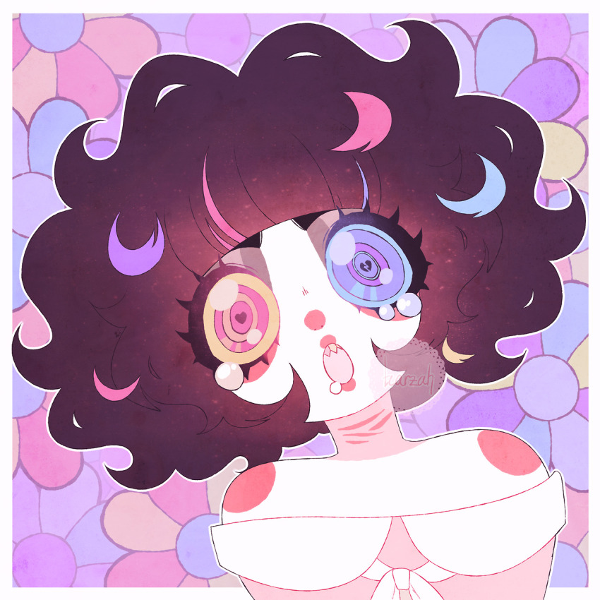 1boy :o blue_eyes blue_sclera blunt_bangs blush colored_sclera dreamalgia elliott_kinoshita eyelashes fingernails floral_background heart heart-shaped_pupils heterochromia highres lips open_mouth orange_sclera original pale_skin pink_background ringed_eyes scar scar_on_neck sharp_fingernails shirt symbol-shaped_pupils tears teeth trap upper_teeth_only wide-eyed