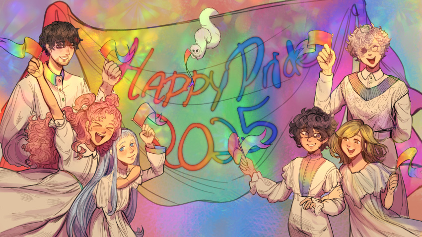 &gt;_&lt; 2025 2boys 4girls absurdres agott_(tongari_boushi_no_atelier) bad_link black_hair blonde_hair blue_eyes blue_hair blush brushbuddy coco_(tongari_boushi_no_atelier) curly_hair flag glasses highres holding holding_flag kinogatito long_hair medium_hair multiple_boys multiple_girls non-web_source olruggio_(tongari_boushi_no_atelier) open_mouth pink_hair qifrey_(tongari_boushi_no_atelier) rainbow_flag reverse_trap richeh_(tongari_boushi_no_atelier) short_hair smile teeth tetia_(tongari_boushi_no_atelier) tongari_boushi_no_atelier upper_teeth_only white_hair