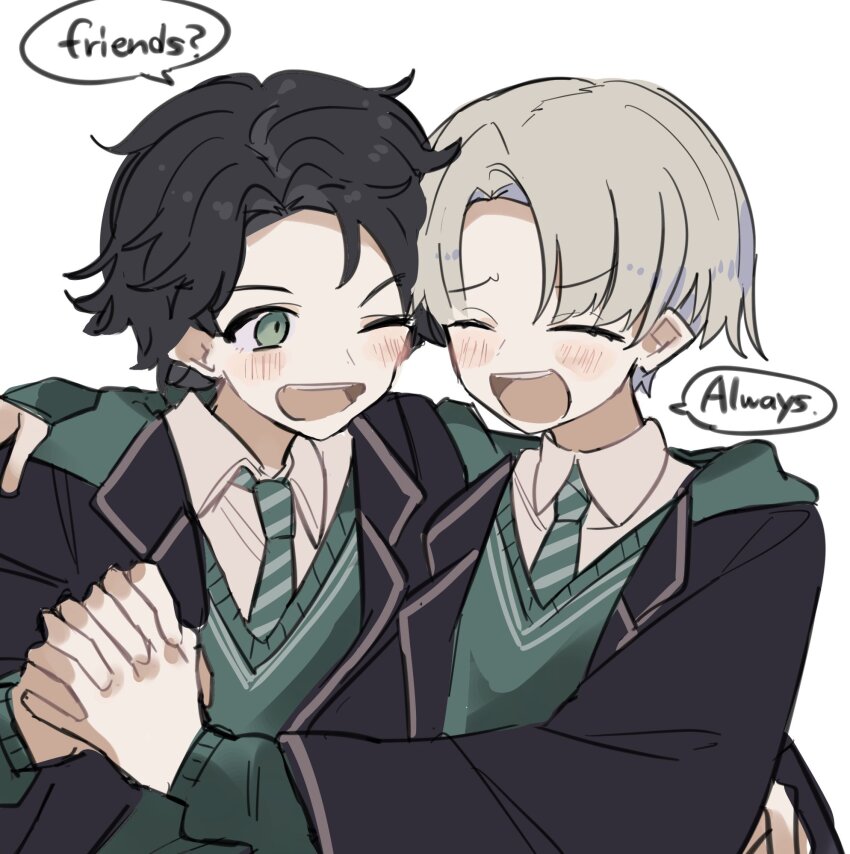 2boys albus_severus_potter black_hair black_robe blonde_hair collared_shirt commentary_request curtained_hair diagonal-striped_clothes diagonal-striped_necktie english_text friends green_necktie green_sweater happy harry_potter_(series) harry_potter_and_the_cursed_child highres hogwarts_school_uniform holding_hands lapels long_sleeves male_focus matecharon multiple_boys necktie notched_lapels open_clothes open_mouth parted_hair robe school_uniform scorpius_malfoy shirt shoulder-to-shoulder side-by-side slytherin smile speech_bubble striped_clothes striped_necktie sweater two-tone_necktie upper_body v-neck white_background white_shirt wizarding_world