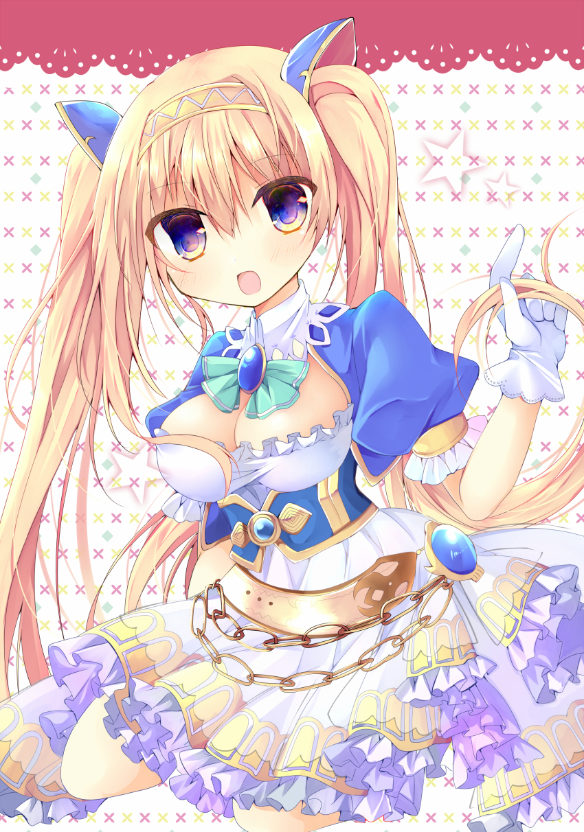 1girl absurdres blonde_hair blue_eyes breasts chain corset dress frilled_dress frilled_skirt frilled_sleeves frills gloves highres iris_mysteria! large_breasts long_hair looking_at_viewer lydia_(iris_mysteria!) mameguri open_mouth skirt twintails very_long_hair white_gloves