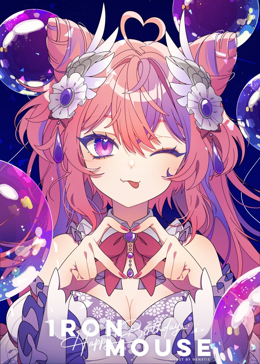 1girl :p absurdres ahoge artist_name bow bowtie breasts bubble character_name cleavage collar cone_hair_bun detached_collar double_bun dress floral_print hair_bun hair_ornament happy_birthday heart heart_ahoge heart_hands hen-tie highres ironmouse ironmouse_(fallen_angel) long_hair medium_breasts multicolored_hair one_eye_closed pink_bow pink_bowtie pink_hair purple_eyes purple_hair solo strapless strapless_dress tongue tongue_out two-tone_hair upper_body virtual_youtuber vshojo white_collar white_dress