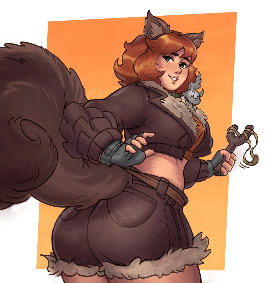 1girl absurdres animal_ears brown_hair brown_jacket brown_shorts brown_tail cropped_jacket fingerless_gloves gloves green_eyes grey_gloves highres jacket looking_at_viewer marvel marvel_rivals short_hair short_shorts shorts slingshot_(weapon) solo squirrel squirrel_ears squirrel_girl squirrel_girl_(marvel) squirrel_tail tail tippy-toe viviannecore