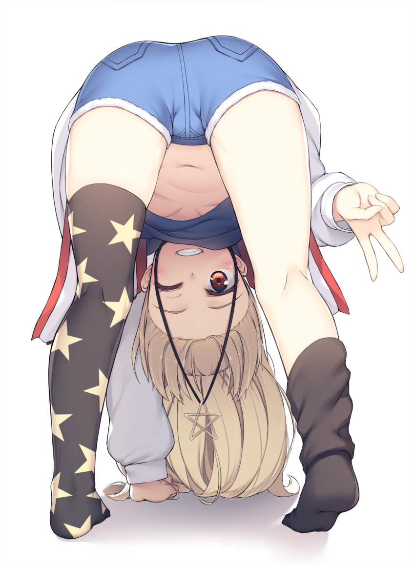 1girl arm_support ass azur_lane bent_over black_socks blonde_hair blue_shirt blue_shorts breasts cleveland_(azur_lane) commentary_request female_focus full_body grin hands_reach_floor highres jacket jewelry kneehighs kneehighs_pull long_hair long_sleeves looking_at_viewer looking_back looking_through_own_legs navel necklace no_shoes olive_(laai) one_eye_closed open_clothes open_jacket print_legwear print_thighhighs red_eyes shadow shirt short_shorts shorts simple_background single_kneehigh single_sock single_thighhigh small_breasts smile socks soles solo star_(symbol) star_necklace star_print thighhighs upshirt v white_background white_jacket