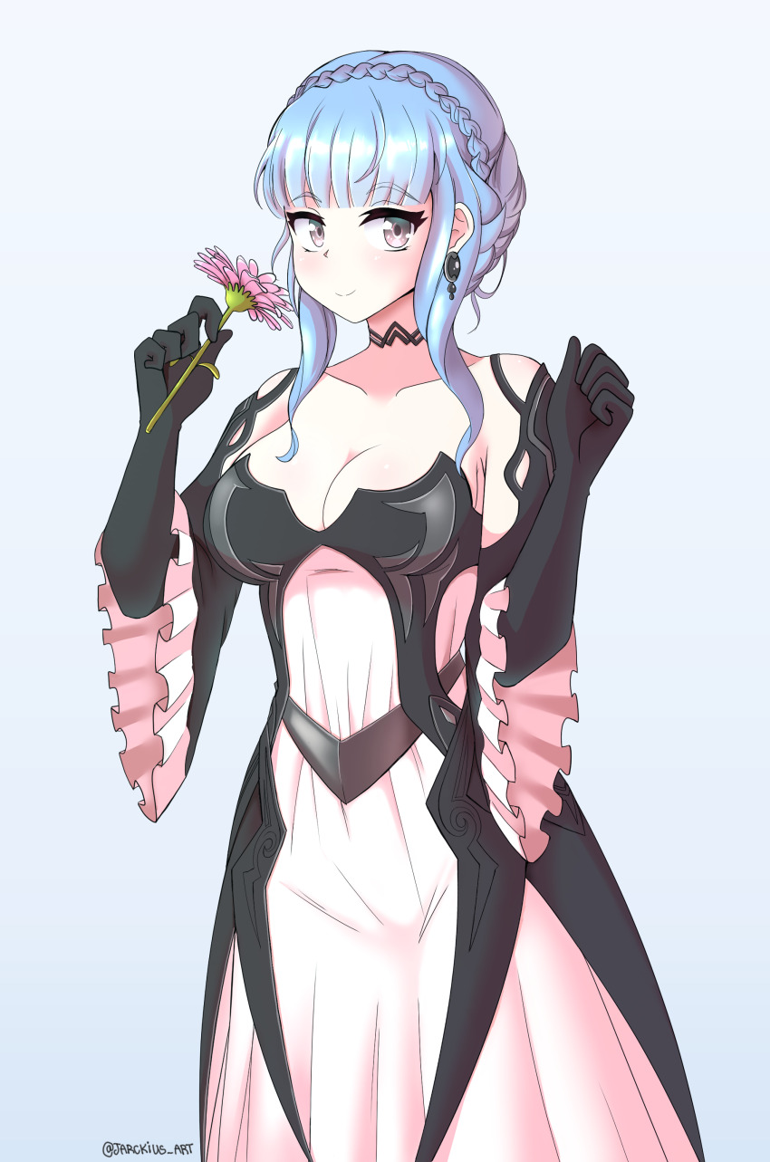 1girl absurdres alternate_costume black_choker black_dress black_gloves blue_hair braid breasts brown_eyes choker cleavage collarbone cosplay costume_switch dress earrings eir_(fire_emblem) eir_(fire_emblem)_(cosplay) fire_emblem fire_emblem:_three_houses fire_emblem_heroes flower frilled_sleeves frills gloves highres jarckius jewelry large_breasts long_hair long_sleeves marianne_von_edmund nintendo white_dress