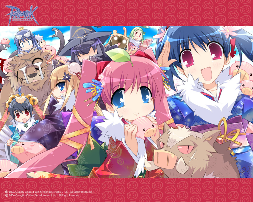 2000s_(style) 6+girls alternate_costume amistr_(ragnarok_online) bell bird black_hair blonde_hair blue_bird blue_eyes blue_hair blue_kimono blush boar bun_cover chimera_(ragnarok_online) closed_mouth copyright_notice deviruchi double_bun eyewear_on_head filir_(ragnarok_online) flower fur_collar glasses green_hair grey_hat hair_bell hair_bun hair_flower hair_ornament hat japanese_clothes jingle_bell kimono leaf leaf_on_head logo long_hair looking_at_viewer multiple_girls obi official_art official_wallpaper open_mouth p-alpha piglet pink_eyes pink_flower pink_hair pink_kimono poring purple_kimono purple_sash ragnarok_online red_eyes sash savage_(ragnarok_online) savage_babe sheep short_hair smile snake twintails upper_body vanilmirth_(ragnarok_online) waving witch_hat