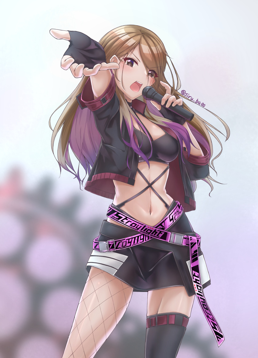 1girl absurdres asymmetrical_legwear belt blonde_hair blurry blurry_background blush brown_eyes brown_hair crop_top eyes_visible_through_hair fingerless_gloves fishnets gloves gradient_hair gyaru hair_between_eyes hair_over_one_eye highres idol idolmaster idolmaster_shiny_colors izumi_mei jacket kagin_(kagou_shita_nanika) long_hair microphone midriff miniskirt mismatched_legwear multicolored_hair music purple_hair singing skirt solo streaked_hair tan teeth thighhighs twitter_username upper_teeth_only