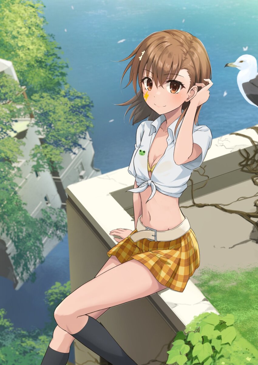 1girl adjusting_hair alternate_costume american_school_uniform amesuku_gyaru asymmetrical_bangs belt bird black_socks bra breasts brown_eyes brown_hair commentary_request gyaru hair_behind_ear hair_ornament hairpin highres k3rd kneehighs kogal lightning_bolt_facial_mark looking_at_viewer midriff misaka_mikoto navel ocean outdoors plaid_clothes plaid_skirt rooftop ruins seagull shirt short_hair sitting skirt small_breasts smile socks solo sticker_on_face swinging_legs tied_shirt toaru_kagaku_no_railgun toaru_majutsu_no_index underwear white_belt white_shirt yellow_bra yellow_skirt