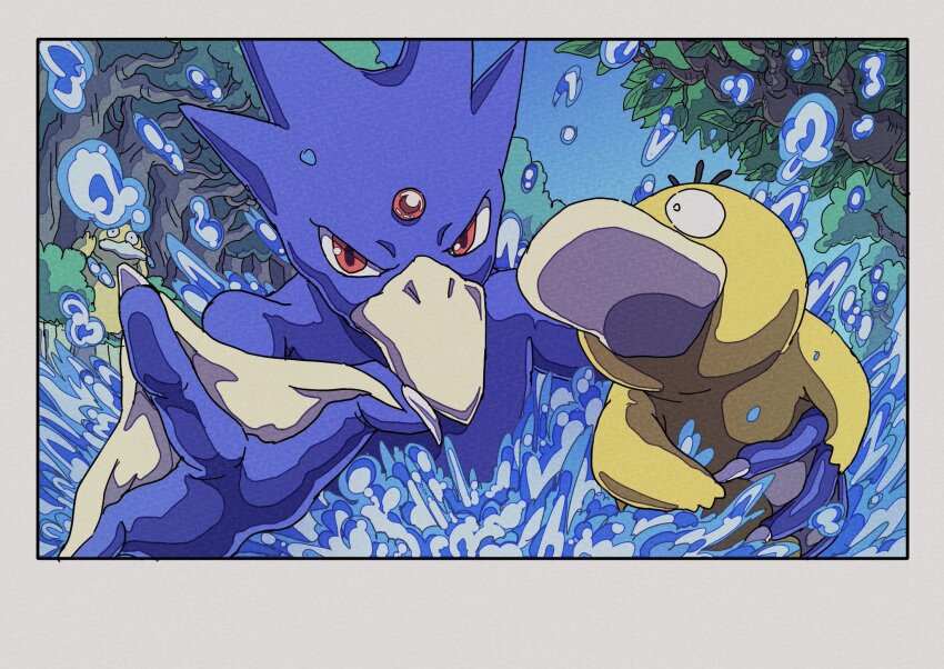ahoge arms_up beak blue_skin claws colored_skin evolutionary_line feathers forehead_jewel gem gen_1_pokemon golduck hands_on_own_head highres holding holding_pokemon looking_at_another looking_at_viewer nintendo no_humans onamuzi_illust outstretched_hand pokemon pokemon_(creature) pokemon_focus psyduck reaching reaching_towards_viewer red_eyes red_gemstone rescue river riverbank splashing surprised tree water water_drop webbed_hands wide-eyed yellow_feathers
