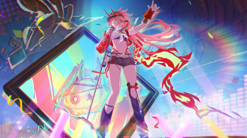 1girl absurdres asymmetrical_sleeves black_footwear black_gloves black_shorts casper crop_top feet_out_of_frame gloves green_eyes hair_between_eyes hand_up hat horned_hat high_ponytail highres holding holding_microphone_stand honkai:_star_rail honkai_(series) long_hair microphone_stand midriff outdoors partially_fingerless_gloves pink_hair ponytail rappa_(honkai:_star_rail) red_arm_warmers red_hat shirt short_shorts shorts smile spray_can standing tied_shirt uneven_sleeves white_shirt