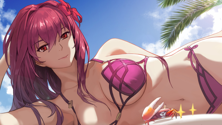 1girl beach bikini breasts chinese_commentary cleavage cloud cloudy_sky collarbone crab crab_claw day fate/grand_order fate_(series) female_focus flower hibiscus highres large_breasts linzhong_de_xiongbaobao long_hair looking_at_viewer micro_bikini navel palm_tree purple_bikini purple_hair red_eyes scathach_(fate) scathach_(fate/grand_order) scathach_(swimsuit_assassin)_(fate) sky smile solo swimsuit tree underboob
