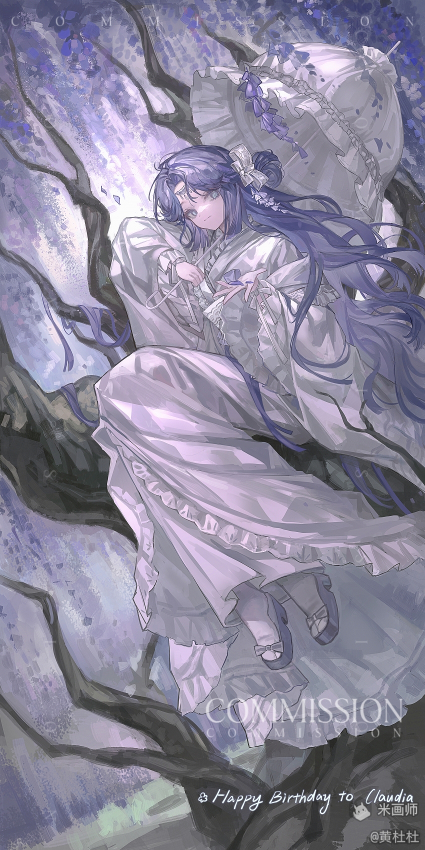 1girl absurdres bow closed_mouth commission dress facial_mark forehead_mark frilled_dress frilled_sleeves frills full_body hair_bow happy_birthday highres holding holding_umbrella huang_du_du in_tree long_hair long_sleeves original outdoors parted_bangs purple_hair purple_shoes shoes sitting sitting_in_tree socks solo tree umbrella white_bow white_dress white_socks white_umbrella wide_sleeves