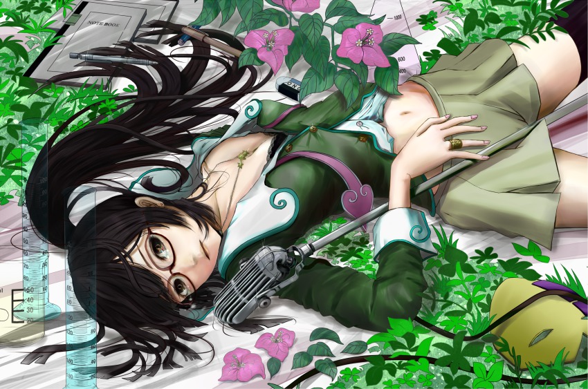 10s 1girl black_hair black_thighhighs bougainvillea_(flower) breasts brown_eyes cleavage cowboy_shot earrings eraser female_focus flower glasses measuring_cylinder highres jewelry long_hair lying mask microphone microphone_stand midriff miniskirt navel necklace nichi_keito notebook on_back open_clothes open_shirt pen pleated_skirt ring school_uniform shirt skirt solo sputnik_films star_(symbol) star_driver thighhighs unworn_mask